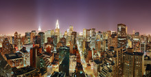 Panoramic Aerial View Of The City Of Manhattan At Night, New York, USA