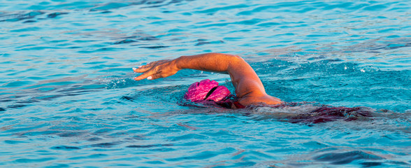 Wall Mural - Female swimmer face down in the water swimming freestyle in an outdoor pool