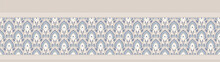 Seamless Ornate Medallion Border Pattern In French Cream Linen Shabby Chic Style. Hand Drawn Floral Damask Bordure. Old White Blue Background. Interior Home Decor Edging. Ornate Flourish Ribbon Trim