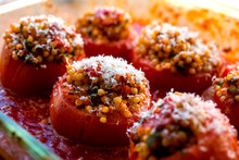 View Of Tomato Stuffed With Couscous Dolmas With Three Cheeses