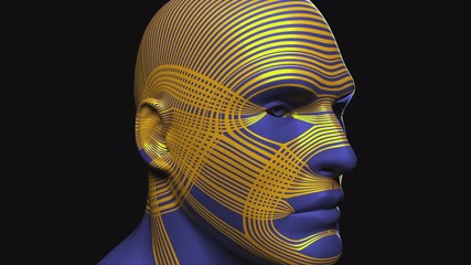 Poster - Demonstration of the head and face of a golden man. Computer generated background. 3D rendering of streamlined shape of the head close-up rotates on the screen.