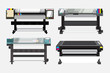Set of, plotter or wide format, large printers. The device for making advertisment media by CMYK colors combination. Vector illustration with layers.