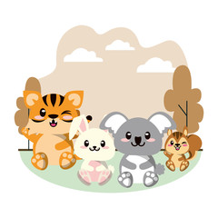 Poster - cute animals group in landscape scene