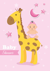 Wall Mural - baby shower card with giraffe and decoration vector illustration design