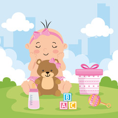 Poster - cute little baby girl with toys in landscape vector illustration design