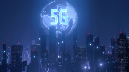 Wall Mural - 3D Rendering of 5G text on glowing hologram planet world and virtual technology city. Concept for Fast data transfer and transmission bandwidth rate. For telecom, mobile operator