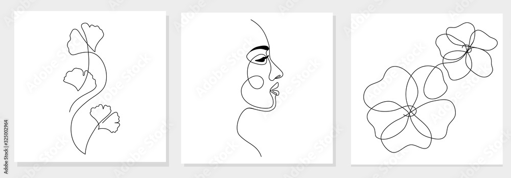 One line drawing abstract woman face, ginkgo biloba leaf, flower. Modern single line art, female portrait, aesthetic contour. Great for poster, wall art, tote bag, t-shirt print, sticker, logo. Vector - obrazy, fototapety, plakaty 