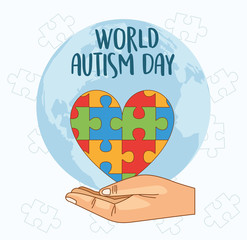 Poster - world autism day with hand lifting puzzle heart