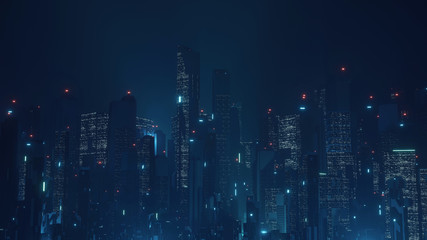 3D Rendering of futuristic virtual sci fi city. Many high sky scrapper building towers.  Concept for night life, business vision, technology product 