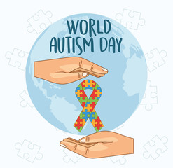 Poster - world autism day with hands lifting ribbon puzzle