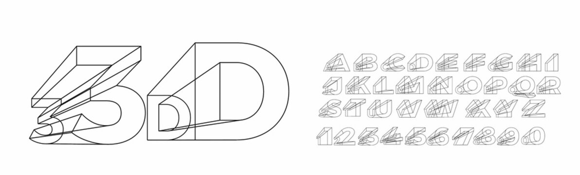 3d geometric alphabet font. Letters, numbers and symbols.