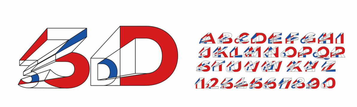 3d geometric alphabet font. Letters, numbers and symbols.
