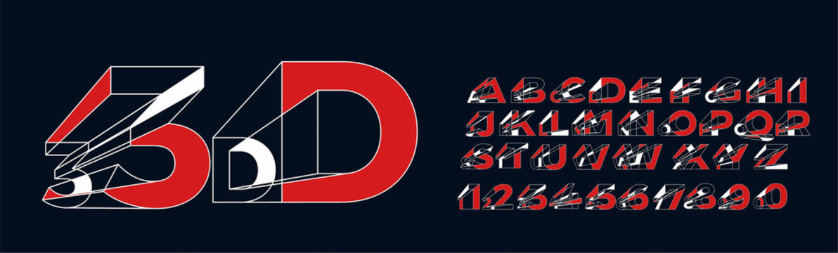 3d geometric alphabet font. Letters, numbers and symbols.