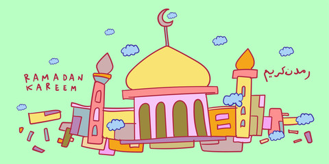 Wall Mural - Ramadan kareem mosque, kids doodle illustration islamic greeting card, banner, poster vector illustration background.