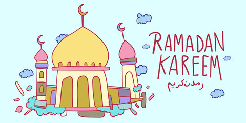 Wall Mural - Ramadan kareem mosque, kids doodle illustration islamic greeting card, banner, poster vector illustration background.