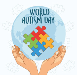 Wall Mural - world autism day with hands playing puzzle