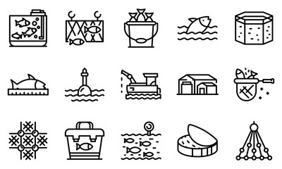 Poster - fish farm icons set. outline set of fish farm vector icons for web design isolated on white backgrou