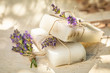 Natural cubes of lavender soap on white chair