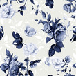 Seamless floral background pattern. Flowers tulips with peony, leaves and gladiolus. Hand drawn white and blue illustration on pastel. Vector - stock.