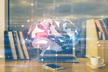 Fototapete - Multi exposure of work table with computer and brain hologram. Brainstorm concept.
