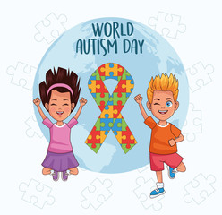 Wall Mural - world autism day kids with world planet and ribbon puzzle