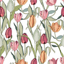  Seamless Spring Pattern With Stylized Cute Pink Flowers, Tulips.