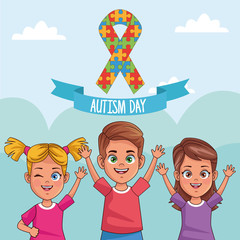 Poster - world autism day kids with ribbon puzzle