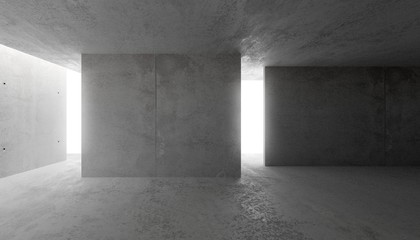  Abstract empty, modern concrete room with indirect lit backwall from behind - industrial interior or gallery background template, 3D illustration