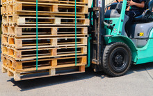Wooden Pallets Stack At The Freight Cargo Warehouse For Transportation And Logistics Industrial, Driver Forklift Loading,	