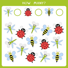 Educational math game for kids. Count how many beetles and write the result