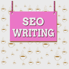 Poster - Writing note showing Seo Writing. Business concept for grabbing the attention of the search engines using specific word Wooden board wood empty frame fixed colorful striped string