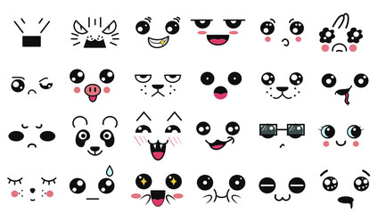 Wall Mural - Kawaii cute faces. Funny cartoon japanese emoticon in in different expressions. Expression anime character and emotion. Social network, print, Japanese style emoticons, Mobile, chat. kawaii emotions.