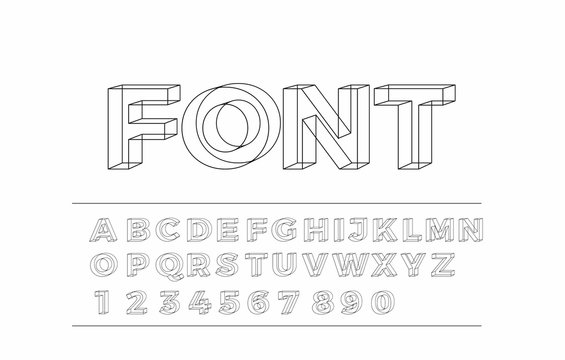 3d geometric alphabet font. Letters, numbers and symbols.
