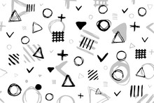Simple Geometric Shapes Drawn In Pencil By Hand. Different Kinds Of Shapes. Black White Sketch Triangles, Circles And Lattice. Vector Eps Illustration.