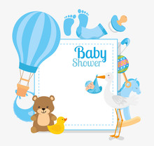 Baby Shower Card With Stork And Decoration Vector Illustration Design