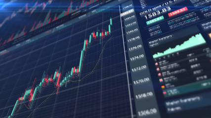 Fototapete - Stock Market Trading, Forex, Crypto Currency with technical price graph indicators and data numbers mock up screenshot for trading financial and investment concept