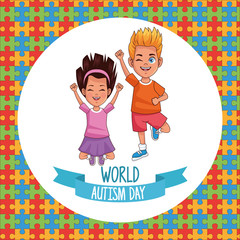 Poster - world autism day kids couple with puzzle pieces