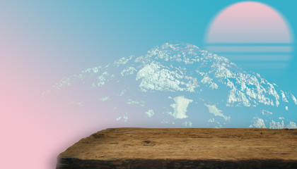 Aufkleber - Old oak Wooden table and abstract surreal landscape collage concept, contemporary colors and mood social background.