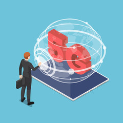 Poster - Isometric businessman touching 5G network sign on tablet screen