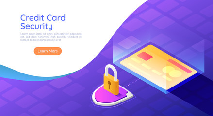 Poster - Isometric web banner credit card with shield and lock security system