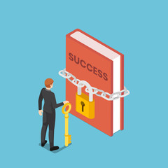 Poster - Isometric businessman holding key standing in front of success book with lock