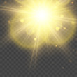 © timchig - Yellow glowing light explodes on a transparent background. Sparkling magical dust particles. Bright Star. Transparent shining sun, bright flash. Vector sparkles.