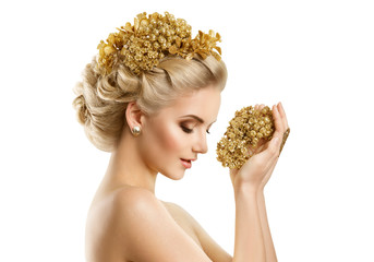 Wall Mural - Beautiful Woman Hairstyle Gold Crown, Fashion Girl Holding Golden Jewelry Perfume on White