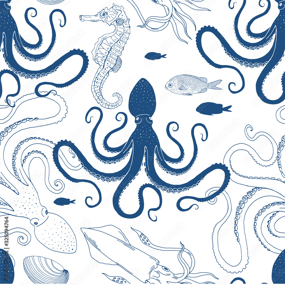 Octopus Squid Sea horse sketchy vector seamless pattern. Underwater ...