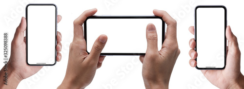 Cuadros en Lienzo Hand holding the black smartphone iphone with blank screen and modern frameless