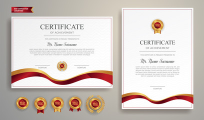 Wall Mural - Red and gold certificate of achievement border template with luxury badge and modern line pattern. For award, business, and education needs