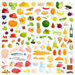 Set of various food. A collection of fruits, vegetables, meat, fish, seafood, drinks, sweets, dairy, oils. Whole and sliced products prepared for cooking. Vector illustration in cartoon style.
