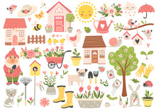 Gardening And Spring Set, Hand Drawn Elements- Flowers, Houses, Birds, Insect And Other. Perfect For Scrapbooking, Greeting Card, Party Invitation, Poster, Tag, Sticker Kit. Vector Illustration.