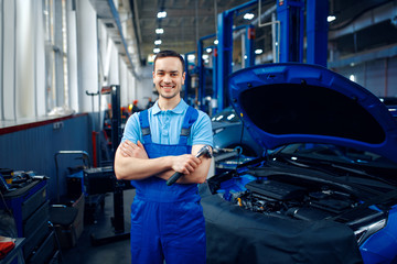 Wall Mural - Worker stands at vehicle on lift, car service