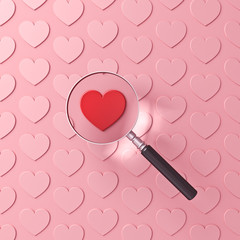Poster - Magnifying glass focusing on red heart among other pink hearts isolated on pink pastel color background with shadow 3D rendering